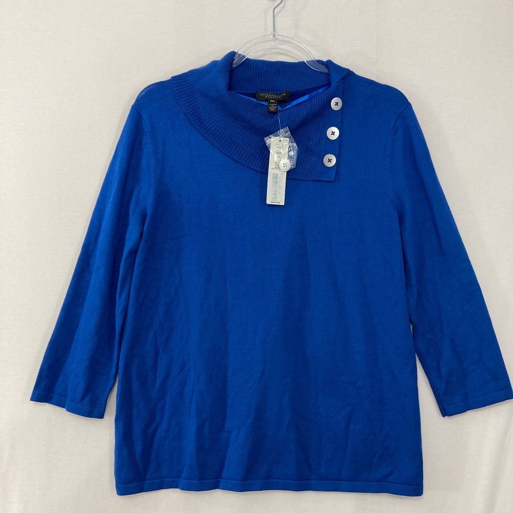 New Investments Sweater size Petite XL Blue  Button Cowl‎ Neck 3/4 Sleeve Preppy